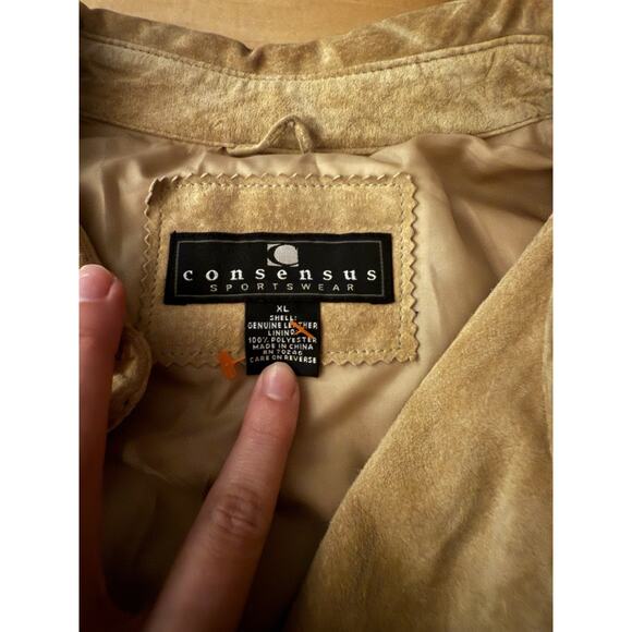 Consensus Suede Leather Shirt Jacket Shacket Tan Beige Collar Buttons Pockets XL - Picture 2 of 5